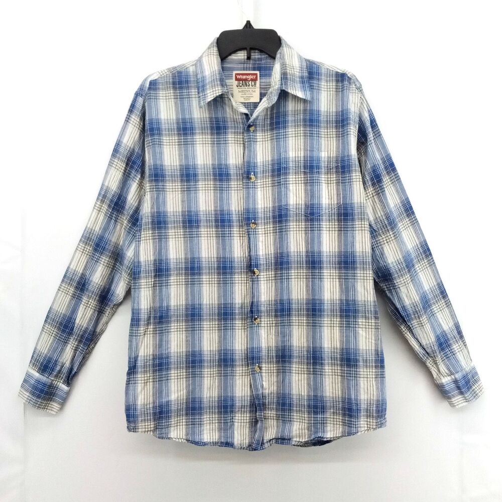 Wrangler Shirt Mens Medium Blue White Plaid Long Sleeve Casual Button Up